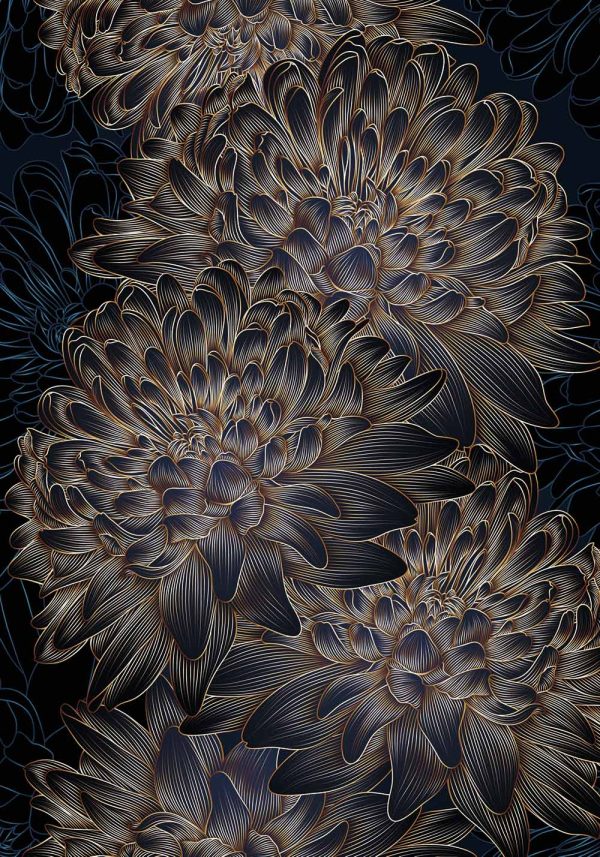 Affiche Chrysanthème Fleurs Bleues et Dorées - Vins Rouges Harmonieux pour Chaque Occasion